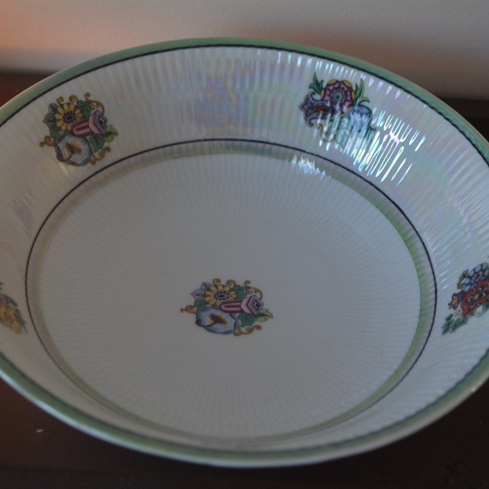 Antique Bavaria Germany LusterWare 9" Serving Bowl Green Floral Flowers Decor - Picture 2 of 9